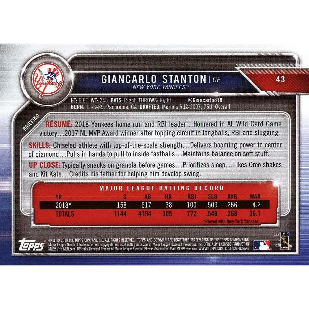 2019 Bowman Giancarlo Stanton #43 New York Yankees
